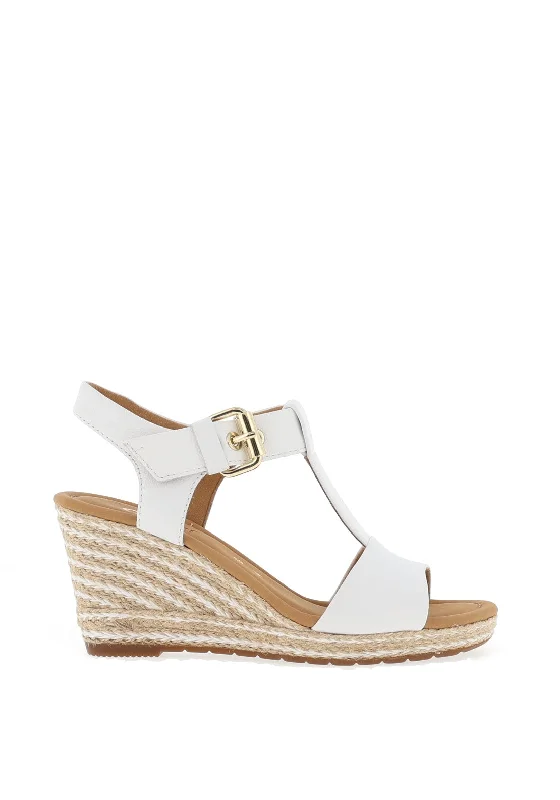 Gabor Leather Buckle T Bar Wedge Sandals, White