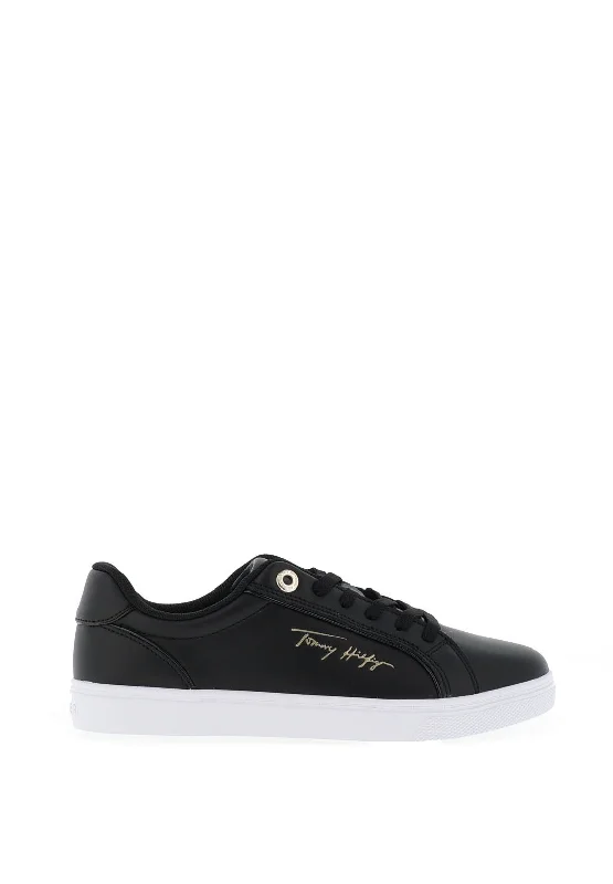 Tommy Hilfiger Womens Leather Signature Trainers, Black