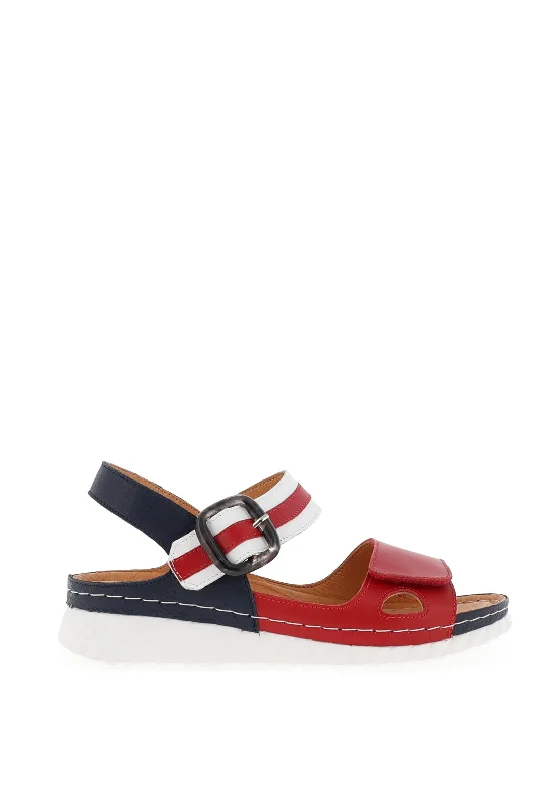 Softmode Gaby Leather Buckle Velcro Sandals, Navy White Red