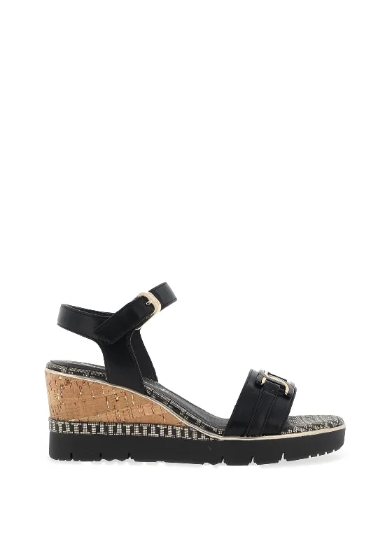 Tamaris Leather Geometric Buckle Wedge Sandals, Black