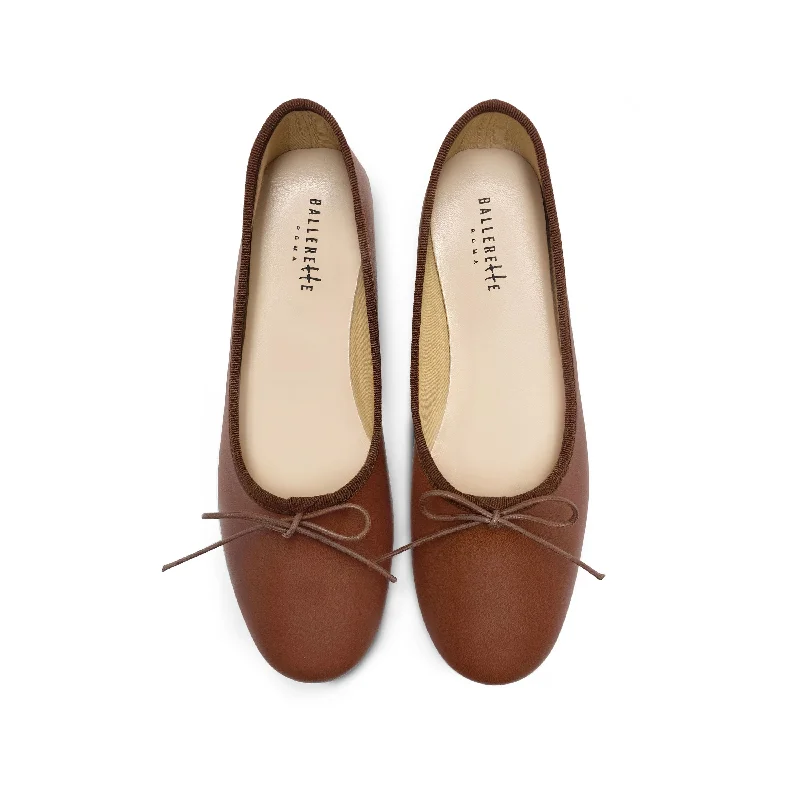 Brown leather high-vamp "glove shoes" ballet flats