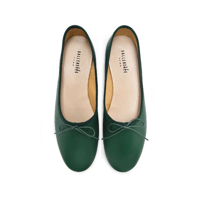 Dark green leather high-vamp "glove shoes" ballet flats