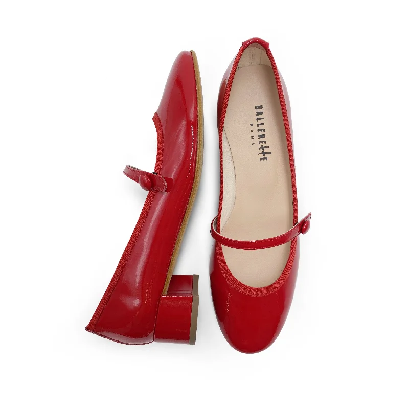 Red patent leather Mary Jane ballet flats with strap and heel