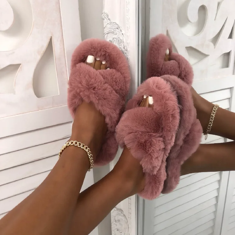 Bear - Pink Fluffy Crisscross Slip On Slider Slippers