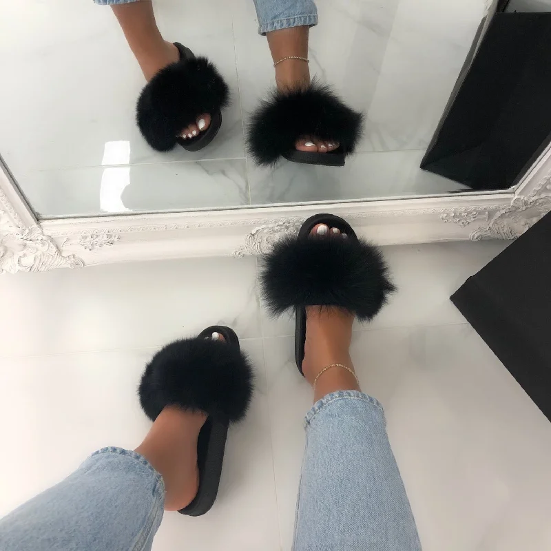 Celine - Black Faux Fur Fluffy Sliders