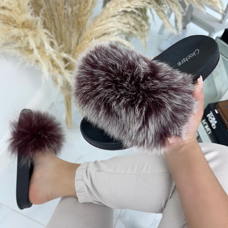 Celine - Brown/Grey Faux Fur Fluffy Sliders