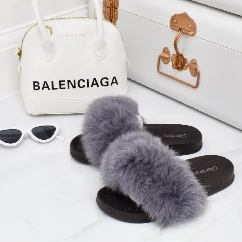 Celine - Grey Faux Fur Fluffy Sliders