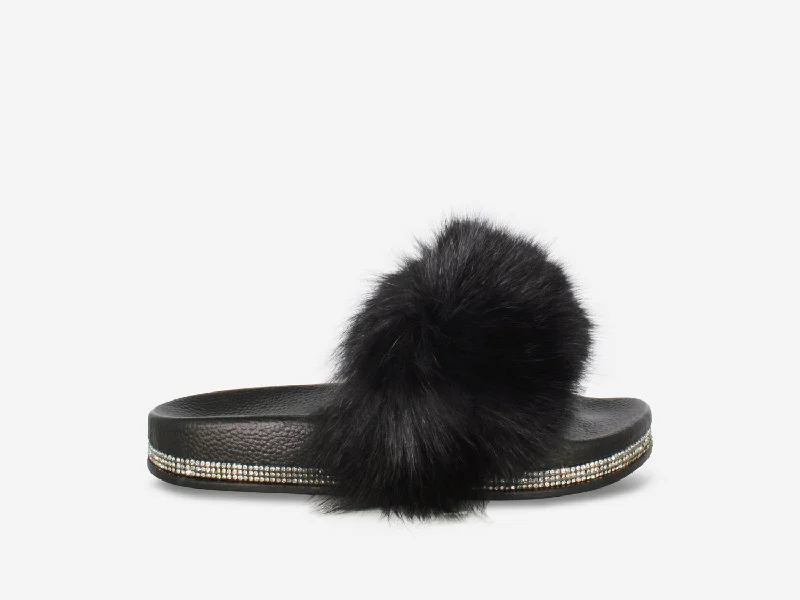 Ellie - Black Vegan Fur Fluffy Sliders With Diamanté Sole