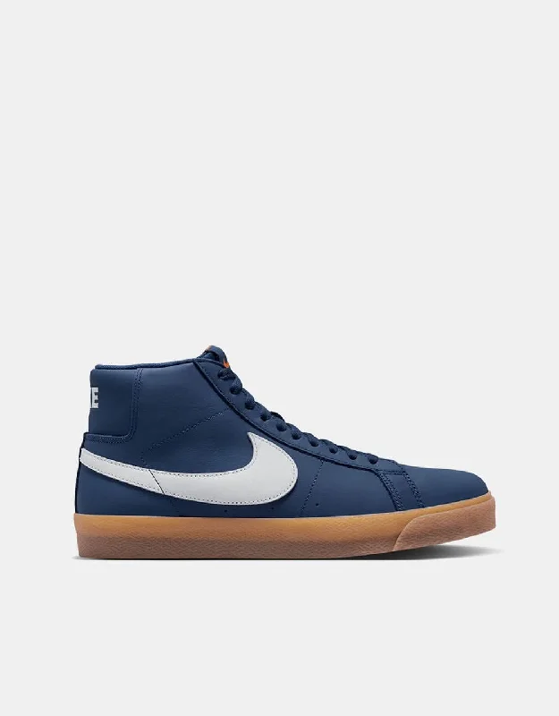 Nike SB Zoom Blazer Mid ISO Skate Shoes - Navy/White-Navy-Gum Lt Brown-Midnight Navy-Safety Orange