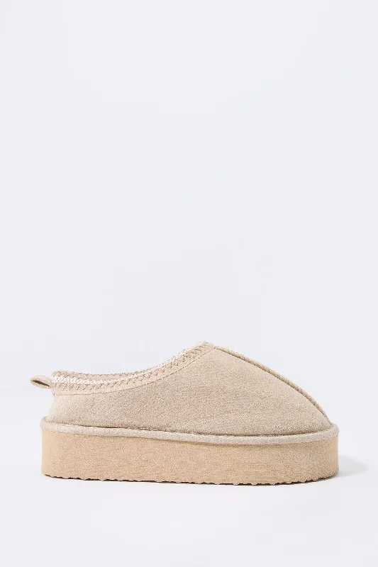 Faux Suede Embroidered Platform Slipper Bootie