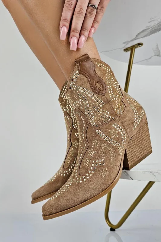 CAMEL EMBELLISHED ANKLE LENGTH WESTERN COWBOY BOOTS