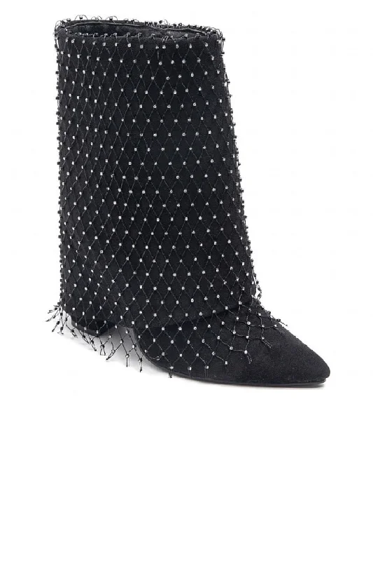 BLACK DIAMANTE FISHNET DESIGNER ANKLE HIGH BLOCK HEEL PARTY BOOTS