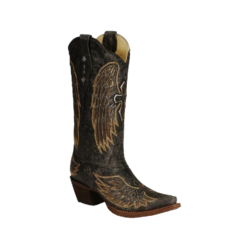 Corral Boots Women's Black and Gold Angel Wing Cross Inlay Boot