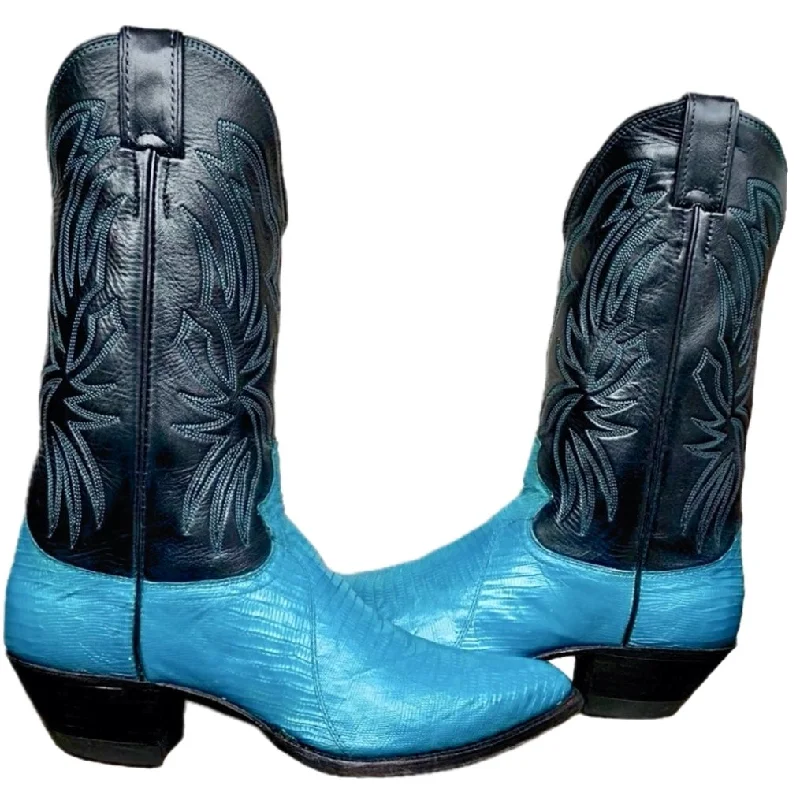 JUSTIN BOOTS Vintage Turquoise Blue Lizard Black Cowboy Boots