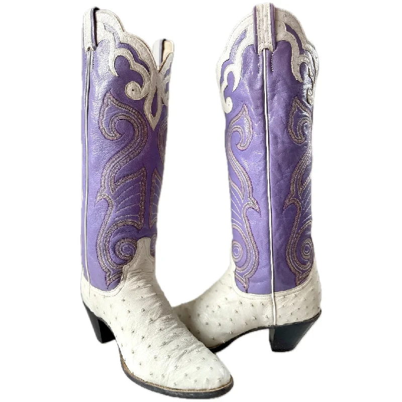 LARRY MAHAN Vintage Ostrich Purple White Knee High Cowboy Boots