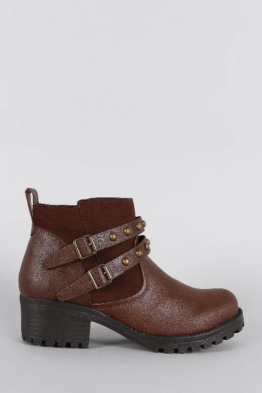 Bamboo Studded Buckle Strap Round Toe Booties