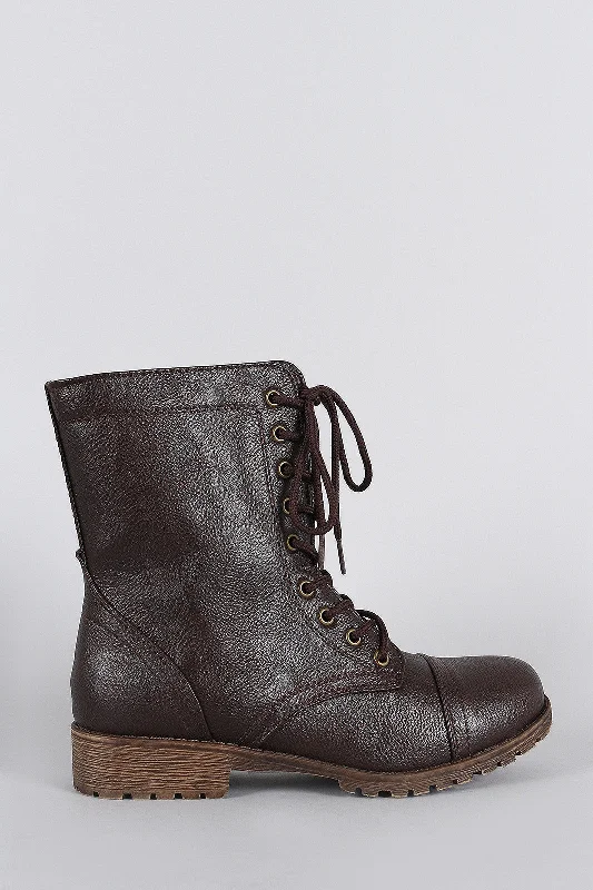 Bamboo Round Toe Lace Up Lug Sole Combat Ankle Boots