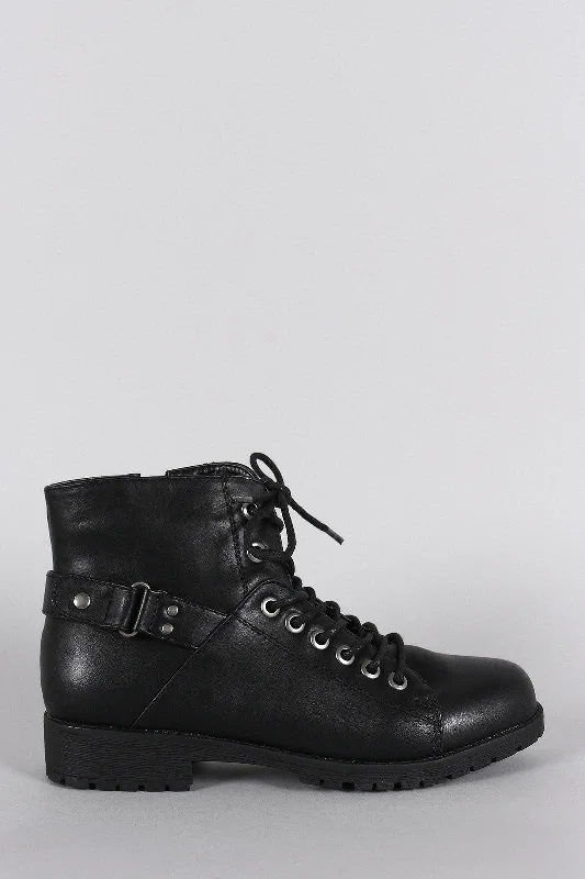 Bamboo Round Toe Combat Lace Up Flat Ankle Boots